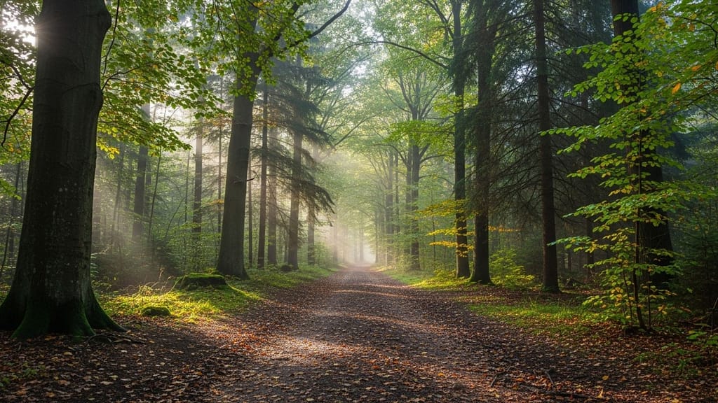 Ruhiger Waldweg in Deutschland im sanften Morgenlicht.