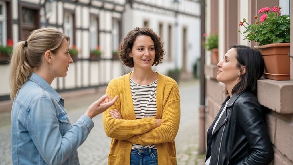Gruppe von Frauen unterhält sich im Park bei natürlichem Tageslicht.