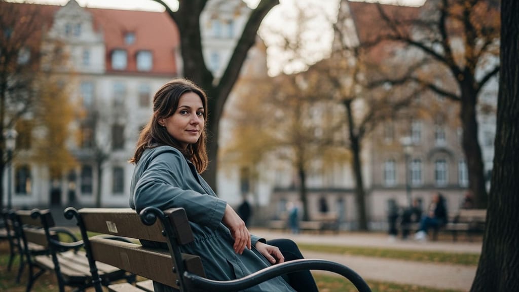 Frau sitzt ruhig auf einer Parkbank in einer deutschen Stadt.