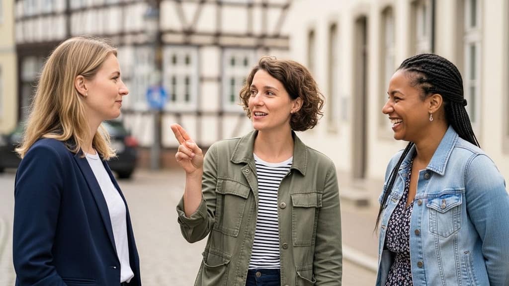 Gruppe von Frauen unterhält sich im Park bei natürlichem Tageslicht.