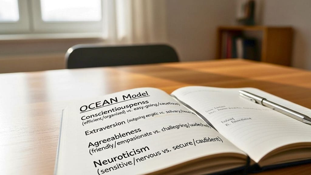 Notizbuch mit handschriftlichen Stichpunkten zum OCEAN-Modell auf einem Schreibtisch.