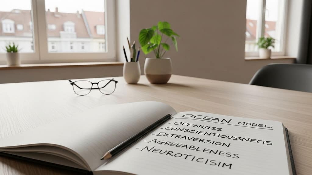 Notizbuch mit handschriftlichen Stichpunkten zum OCEAN-Modell auf einem Schreibtisch.