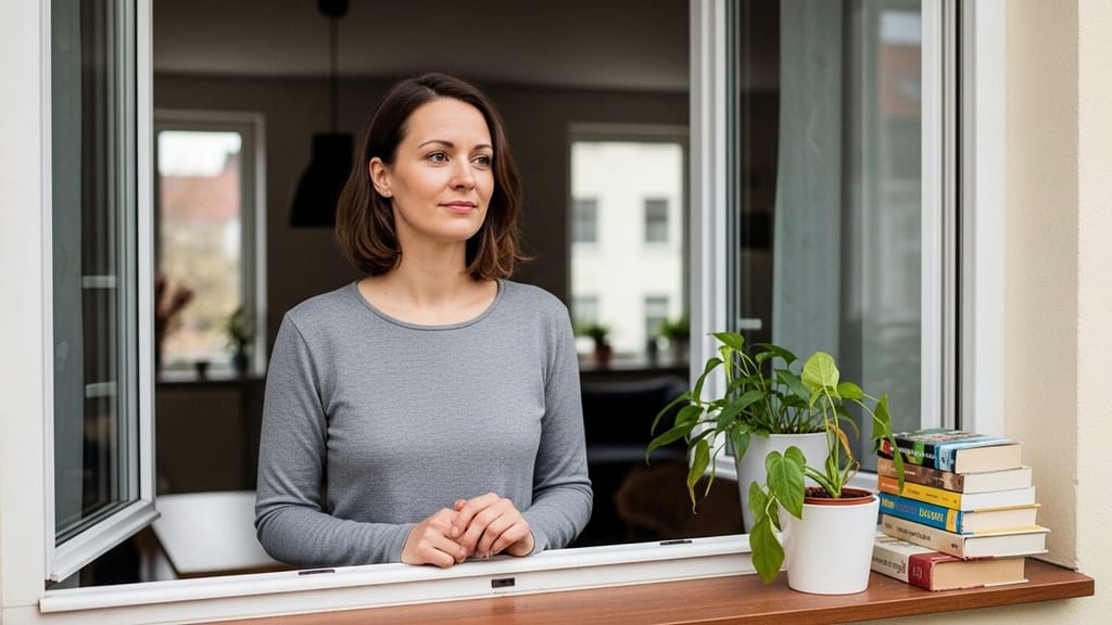 Frau steht am Fenster und blickt nachdenklich ins Tageslicht.