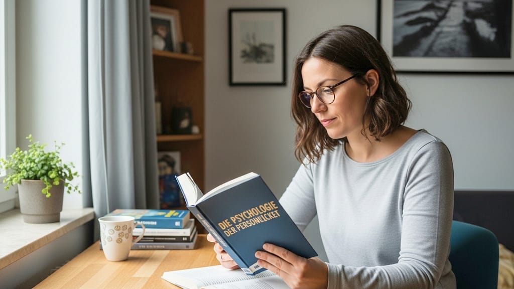 Frau liest ein Psychologie-Buch in einer ruhigen Wohnung bei natürlichem Tageslicht.