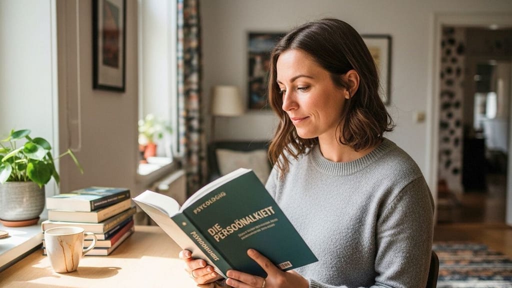 Frau liest ein Psychologie-Buch in einer ruhigen Wohnung bei natürlichem Tageslicht.