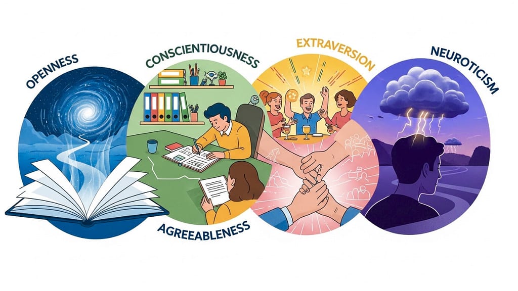 Die fünf Persönlichkeitsmerkmale sind: Offenheit, Gewissenhaftigkeit, Extraversion, Verträglichkeit, Neurotizismus