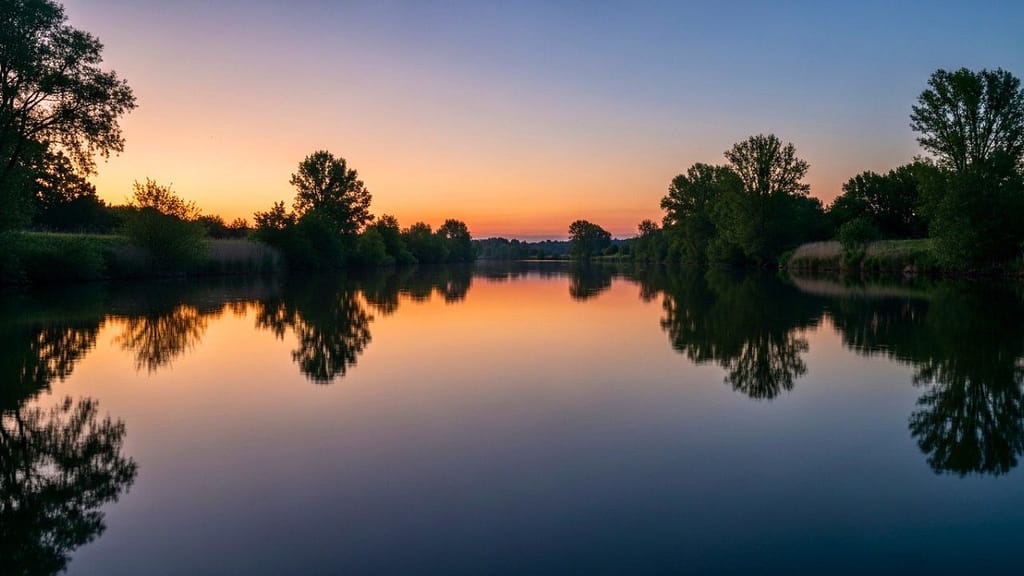 Ruhige Flusslandschaft bei sanftem Abendlicht mit spiegelndem Wasser.