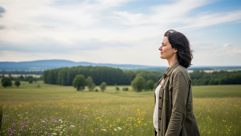 Frau steht ruhig in der Natur und blickt ausgeglichen in die Ferne.