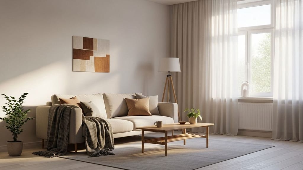 Ruhiges Wohnzimmer mit sanftem Morgenlicht und entspannter Atmosphäre.