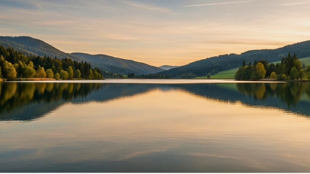 Ruhiger See mit klarer Wasseroberfläche und sanftem Licht in natürlicher Umgebung.