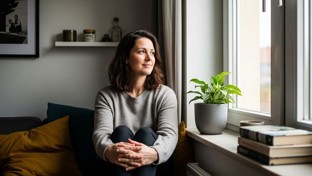 Frau sitzt ruhig am Fenster und genießt einen stillen Moment im Tageslicht.