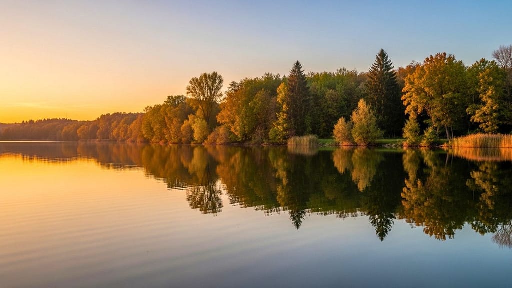 Ruhige Flusslandschaft bei sanftem Abendlicht mit spiegelndem Wasser.