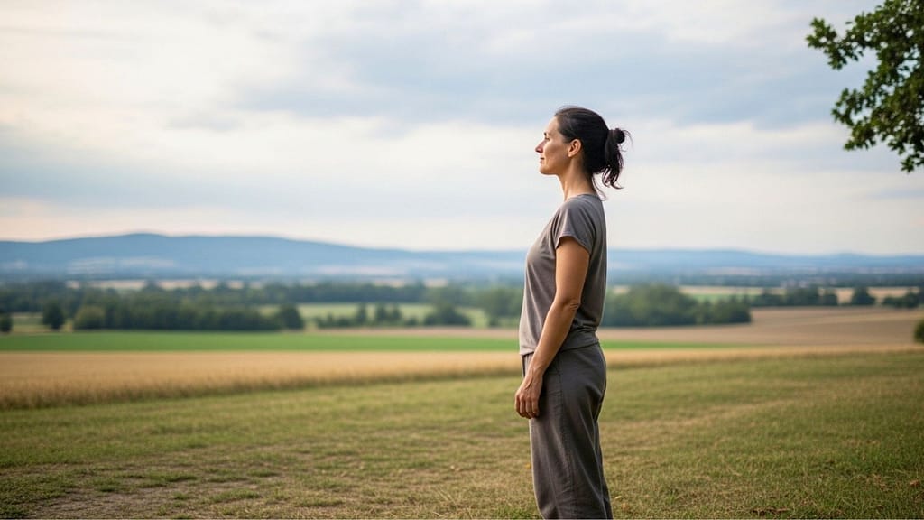 Frau steht ruhig in der Natur und blickt ausgeglichen in die Ferne.