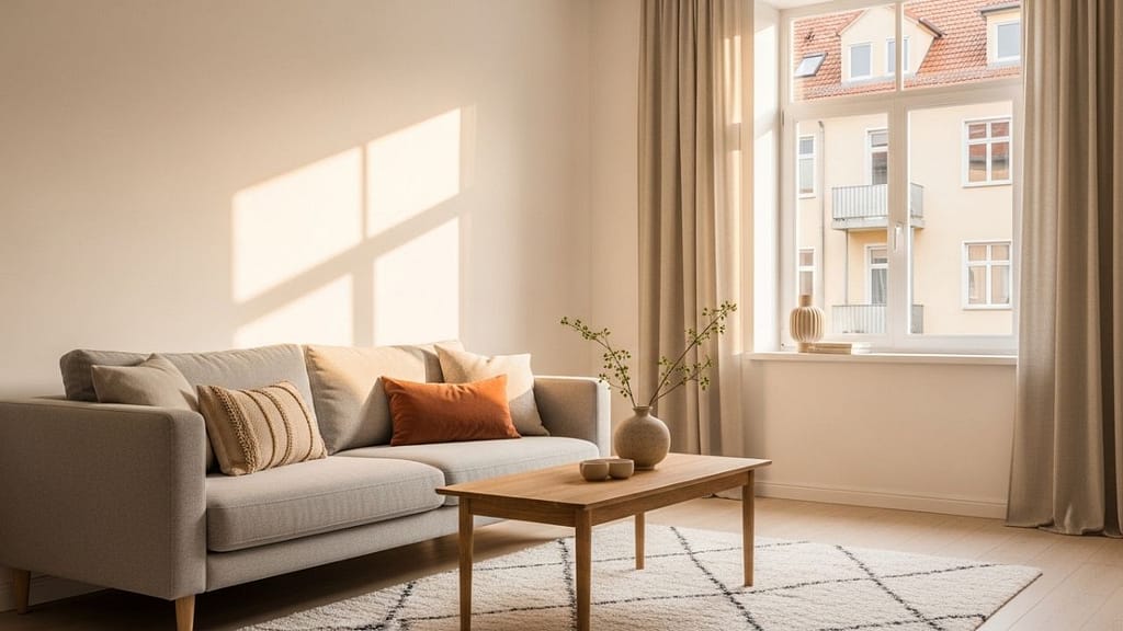 Ruhiges Wohnzimmer mit sanftem Morgenlicht und entspannter Atmosphäre.