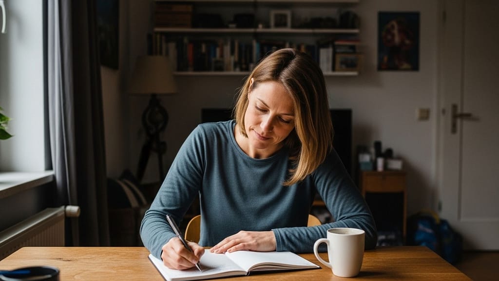 Frau schreibt ruhig Gedanken in ein Notizbuch bei natürlichem Tageslicht.