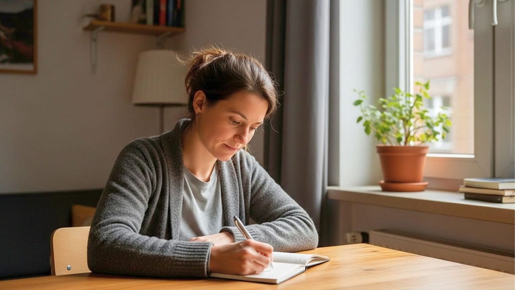 Frau schreibt Gedanken in ein Notizbuch bei ruhigem Tageslicht.