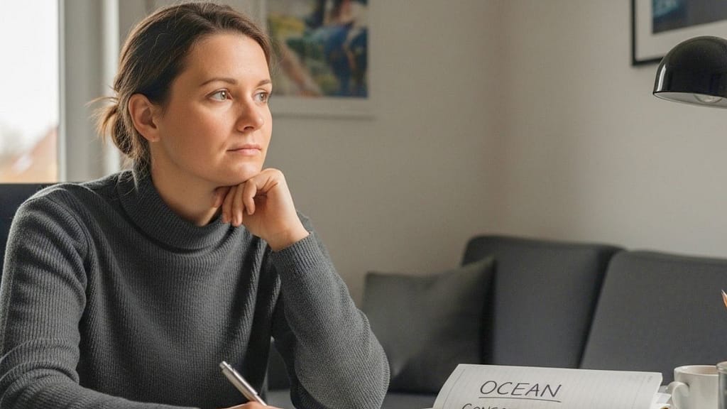 Notizbuch mit den fünf Persönlichkeitsmerkmalen des OCEAN-Modells auf einem Schreibtisch.