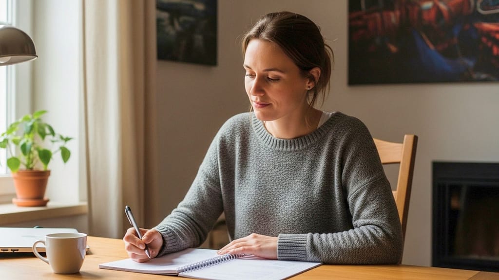 Frau sitzt am Schreibtisch und denkt ruhig über eine Entscheidung nach.