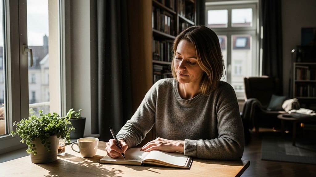 Frau schreibt ruhig Gedanken in ein Notizbuch bei natürlichem Tageslicht.