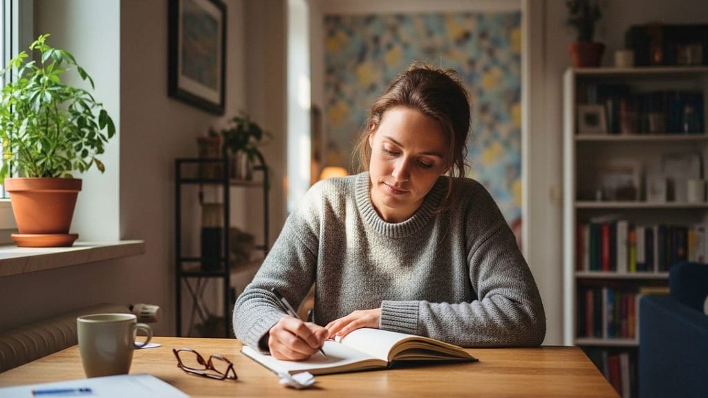 Frau schreibt Gedanken in ein Notizbuch bei ruhigem Tageslicht.