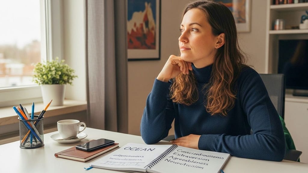 Notizbuch mit den fünf Persönlichkeitsmerkmalen des OCEAN-Modells auf einem Schreibtisch.