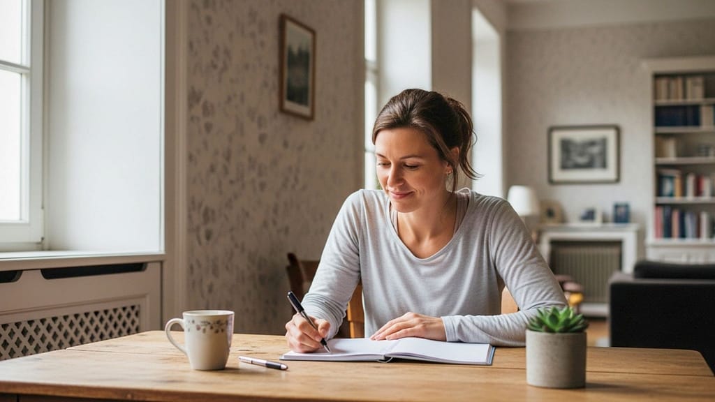 Frau sitzt am Schreibtisch und denkt ruhig über eine Entscheidung nach.