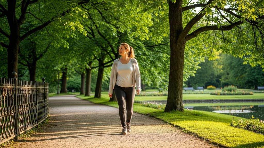 Frau geht entspannt durch einen grünen Park bei ruhigem Tageslicht.