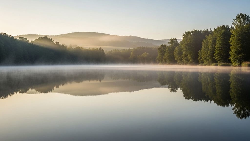 Ruhiger See am Morgen mit spiegelglattem Wasser und sanftem Licht.