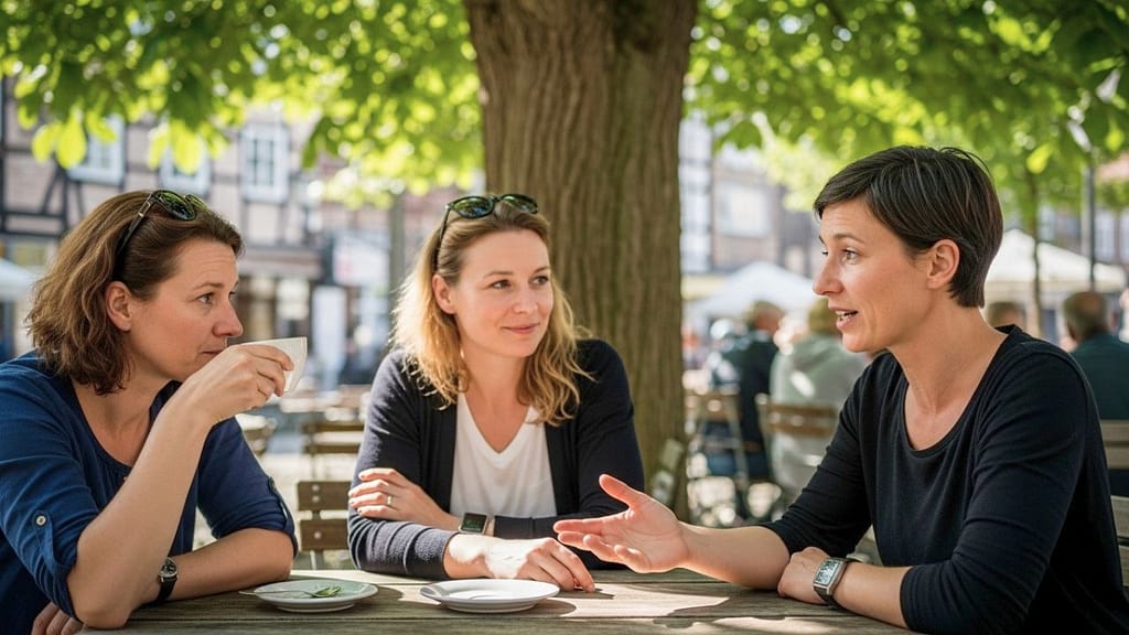Gruppe von Frauen mit unterschiedlicher Körpersprache in einer Alltagssituation.