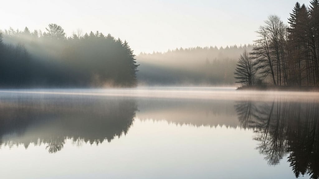 Ruhiger See am Morgen mit spiegelglattem Wasser und sanftem Licht.