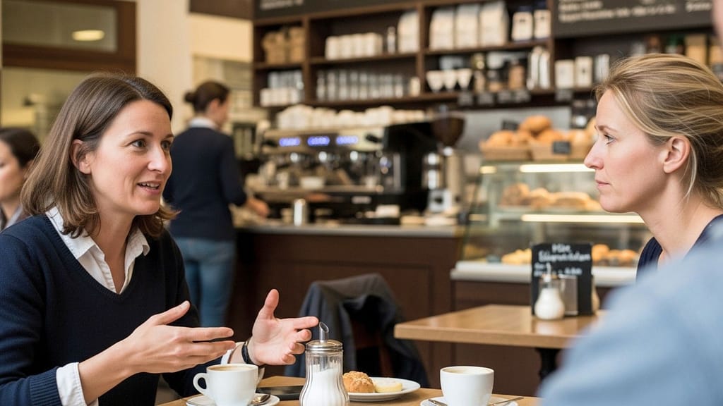 Zwei Frauen unterhalten sich in einem Café, eine hört aufmerksam zu.