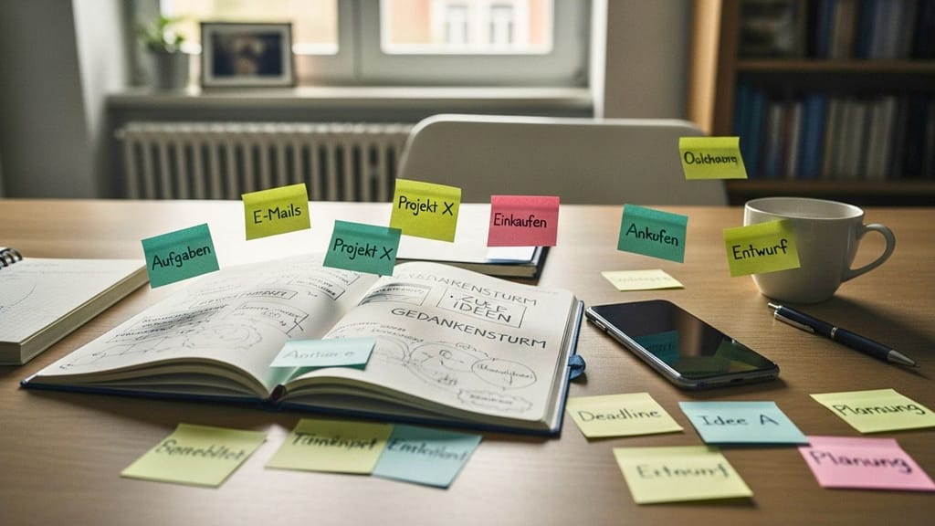 Unordentlicher Schreibtisch mit Notizen und Smartphone im natürlichen Tageslicht.