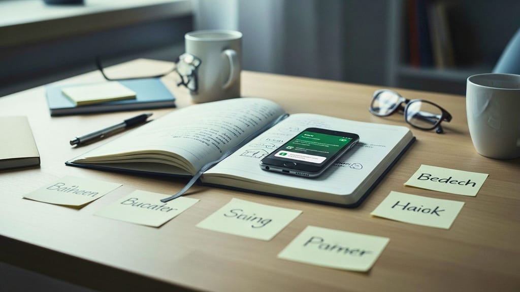 Unordentlicher Schreibtisch mit Notizen und Smartphone im natürlichen Tageslicht.