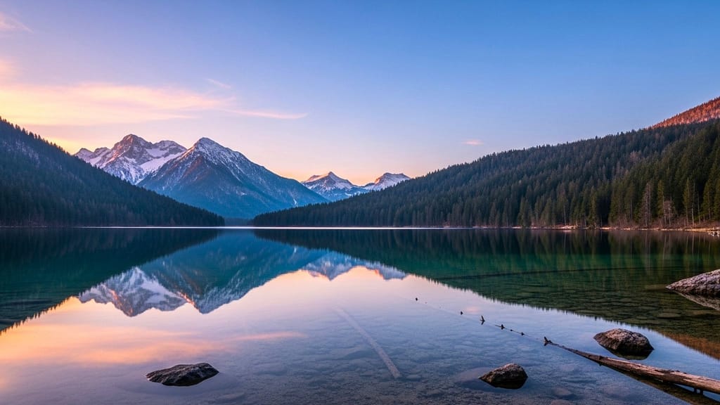 Ruhiger See mit klarer Wasseroberfläche und sanftem Licht in natürlicher Umgebung.