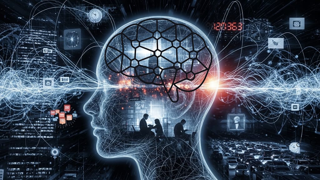 Digitale Illustration eines transparenten menschlichen Kopfes, gefüllt mit Stadtlandschaften, Datenströmen, Uhren und Netzwerkverbindungen – als Symbol für Technologie, Informationsüberflutung und urbane Vernetzung.