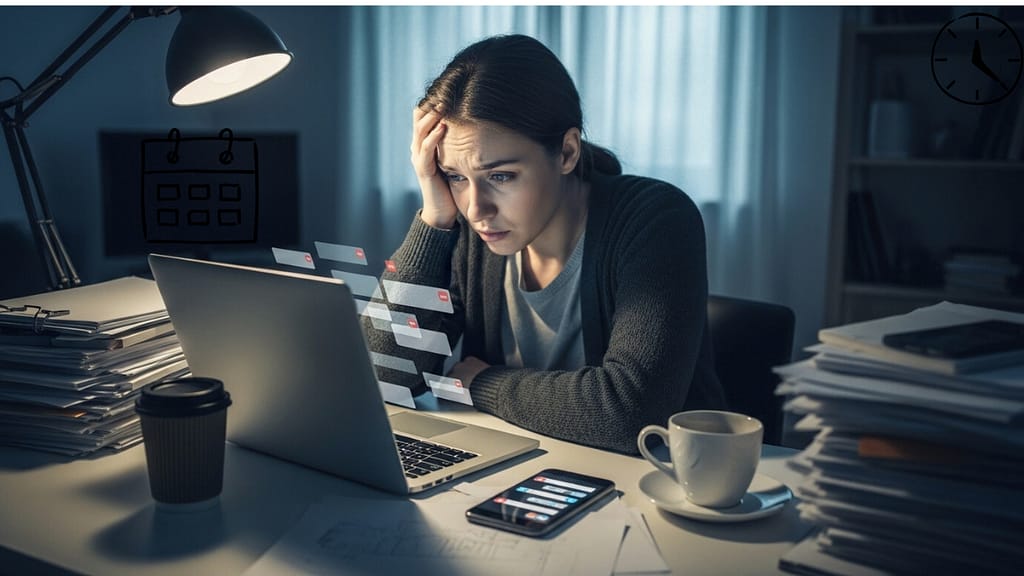 Gestresste Frau arbeitet spät am Laptop, umgeben von Unterlagen und Benachrichtigungen – Symbol für eine Atemübung gegen Stress.