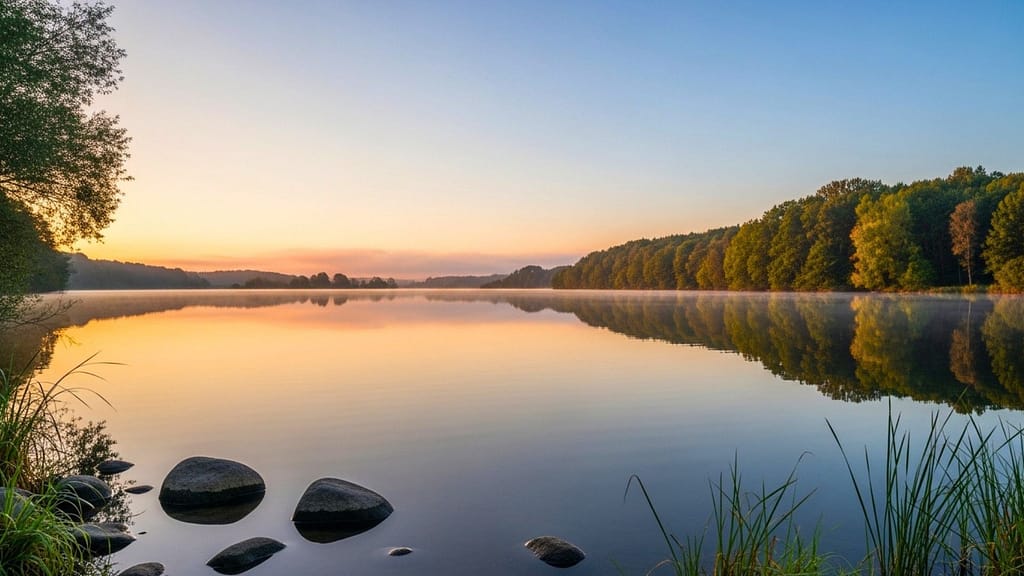 Ruhiger See mit klarem Horizont und sanftem Morgenlicht.