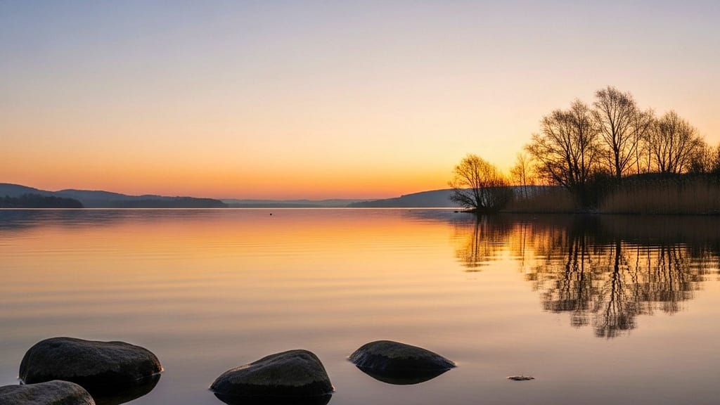 Ruhiger See mit klarem Horizont und sanftem Morgenlicht.