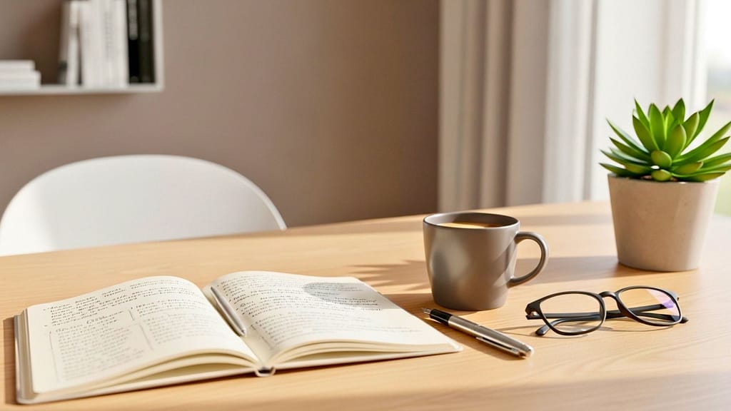 Notizbuch mit aufgeschriebenen Gedanken auf einem ruhigen Schreibtisch.