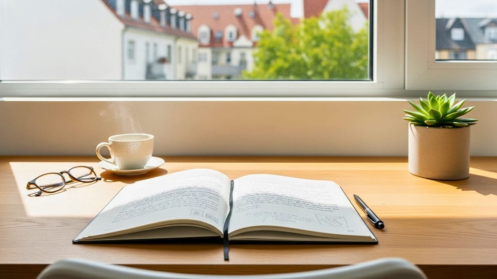 Notizbuch mit aufgeschriebenen Gedanken auf einem ruhigen Schreibtisch.