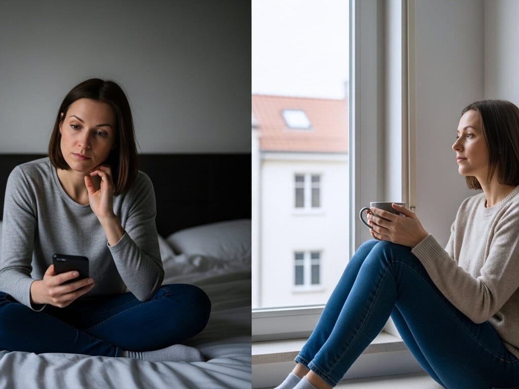 Vergleich zwischen morgendlicher Handynutzung und einem ruhigen Start in den Tag am Fenster.
