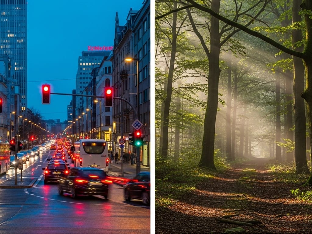 Gegenüberstellung von belebter Stadt und ruhigem Waldweg im Morgenlicht.