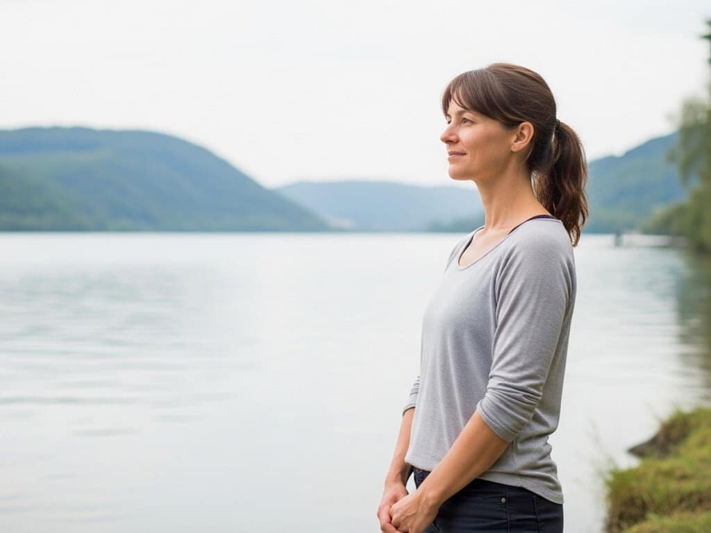 Frau steht ruhig an einem See in natürlicher Umgebung bei weichem Tageslicht.