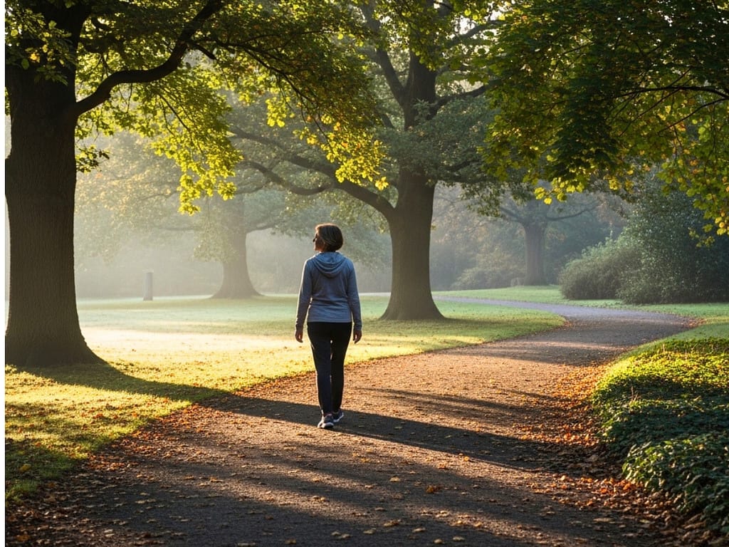 Frau geht ruhig durch einen Park bei sanftem Morgenlicht.