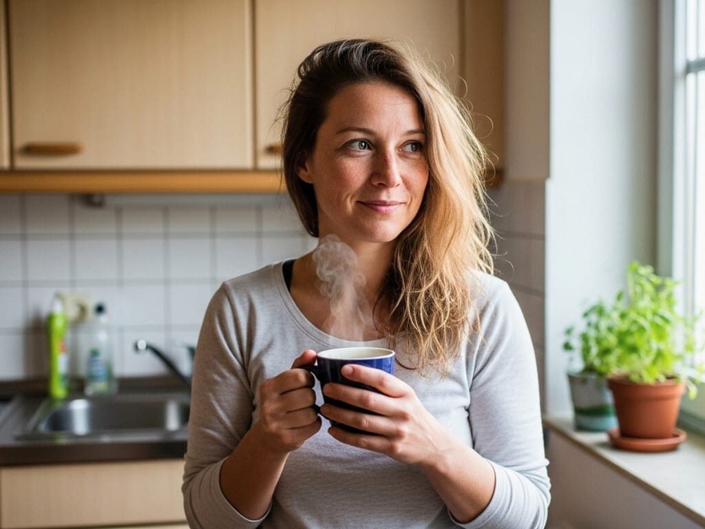 Frau sitzt morgens im Bett und blickt im weichen Tageslicht aus dem Fenster.