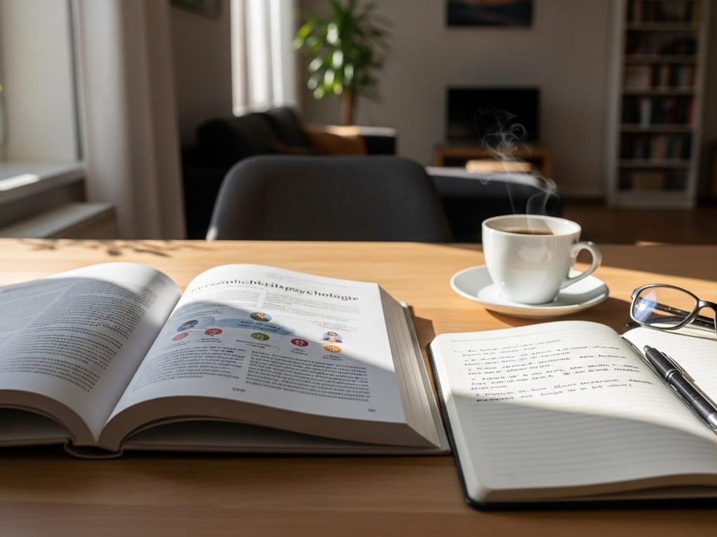 Aufgeschlagenes Psychologie-Buch über Persönlichkeit auf einem Schreibtisch im Tageslicht.
