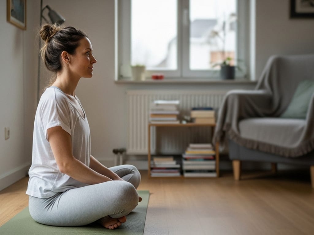 Woman meditating in a softly lit German living room near a window.