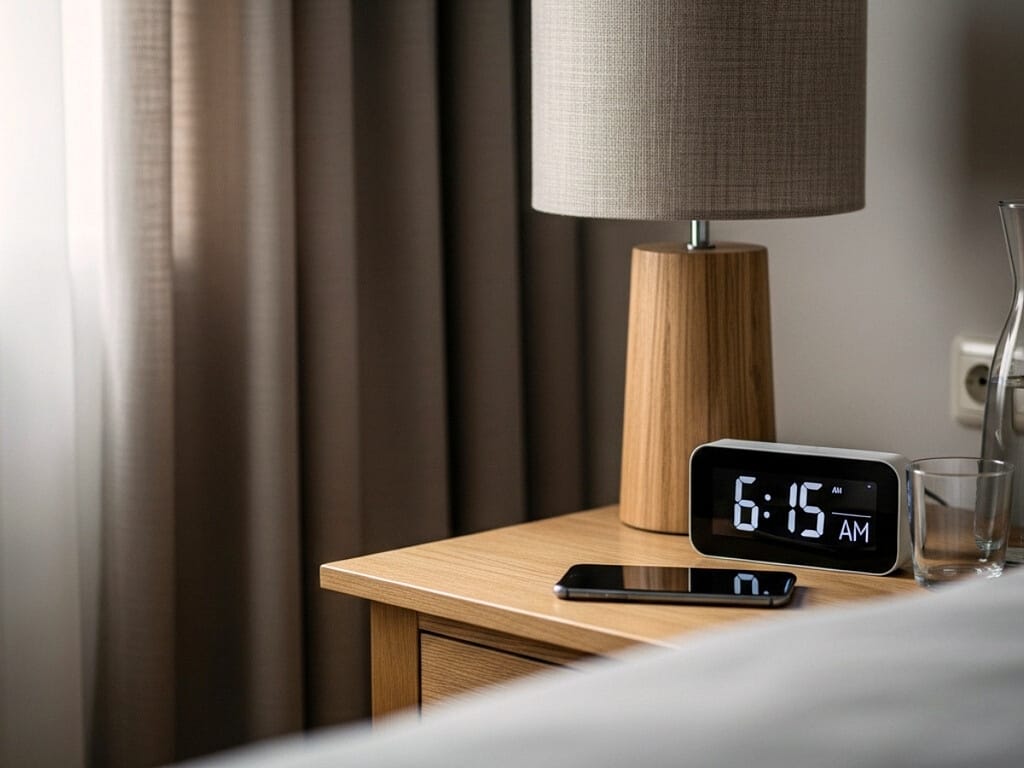 smartphone und Wecker auf einem Nachttisch im sanften Morgenlicht.