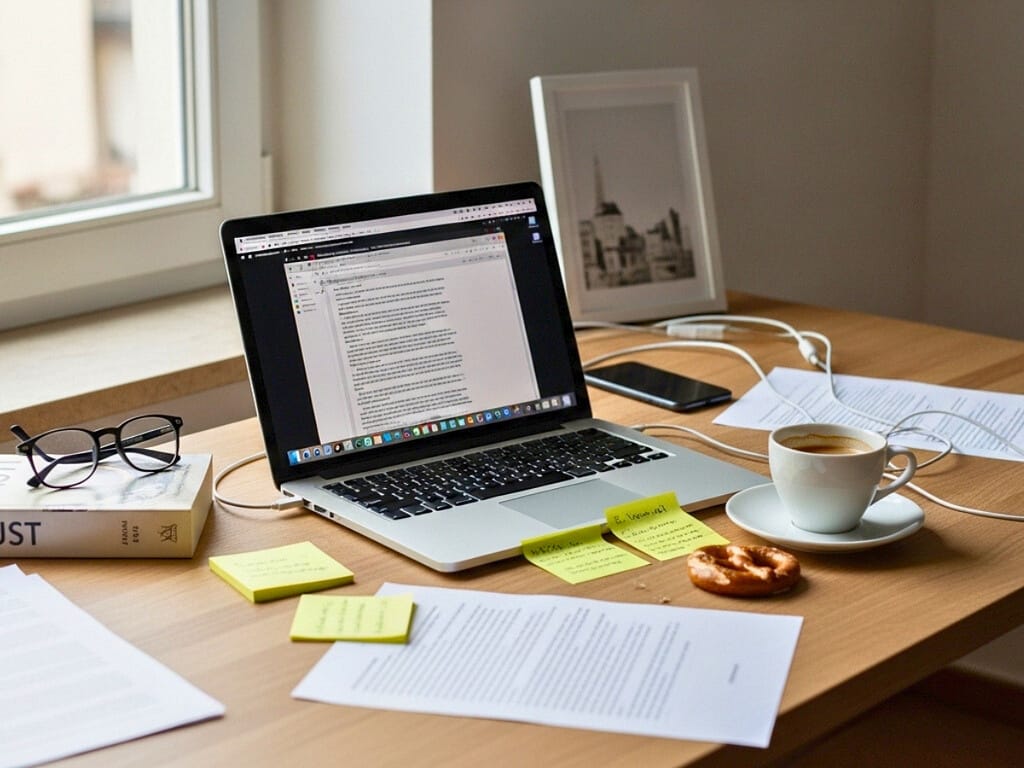 Homeoffice-Schreibtisch mit Laptop und Notizen im natürlichen Tageslicht.