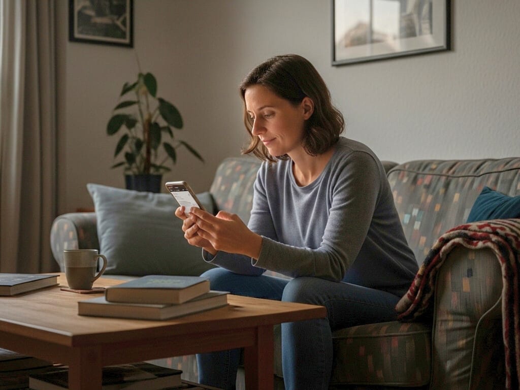 Frau sitzt nachdenklich am Tisch und blickt im Tageslicht in die Ferne.